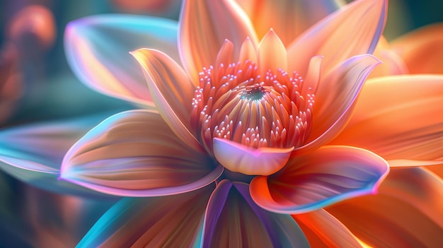 This image showcases a flower with vibrant orange and pink hues glowing with an ethereal light creating a warm and inviting visual experience full of exquisite detail and natural beauty