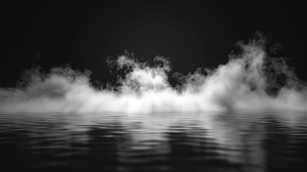 Photo this image showcases a minimalist abstract scene with white fog rolling across a dark water sur