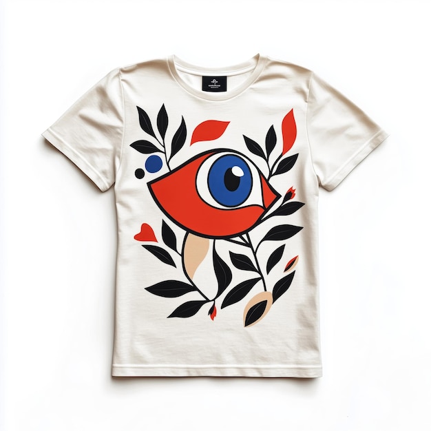 This image showcases a t shirt featuring a bold eye graphic design set against a backdrop of stylize