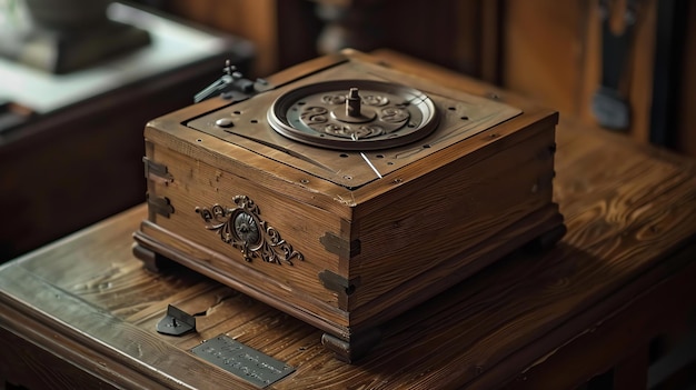 This image shows an antique wooden music box with intricate carvings on its surface The music box is sitting on a wooden table