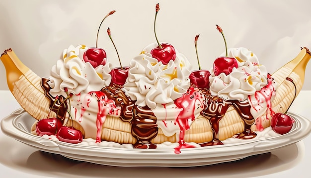 This image shows a banana split with three scoops of ice cream whipped cream chocolate sauce and cherries