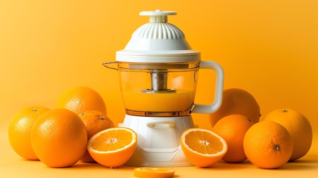 Photo this image shows an electric citrus juicer with a glass pitcher and a white body the juicer is surrounded by oranges and orange halves