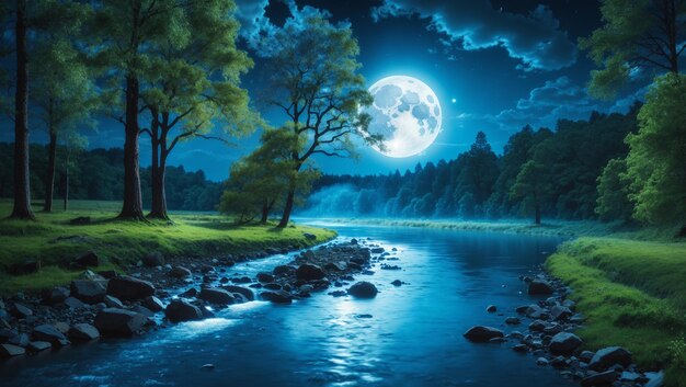 This image shows a full moon rising over a forest There is a river in the foreground and trees and