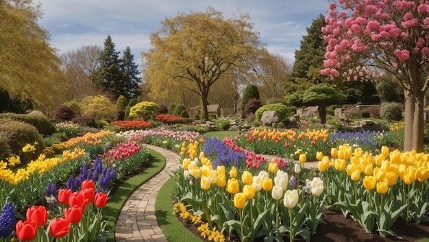 This image shows a garden with many different types of flowers such as tulips daffodils and hyaci