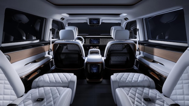 This image shows the interior of a luxury van showcasing white leather seats with a quilted pattern