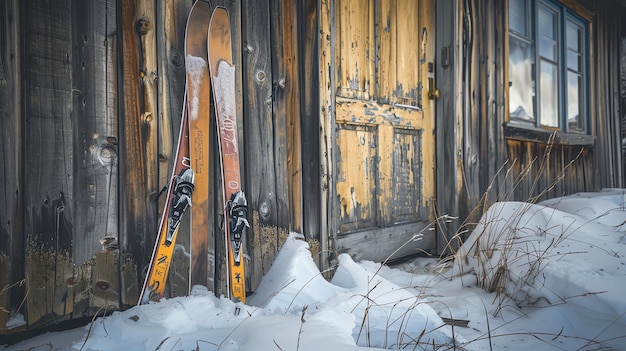 This image shows a pair of skis leaning against a wooden wall The skis are old and have been used many times