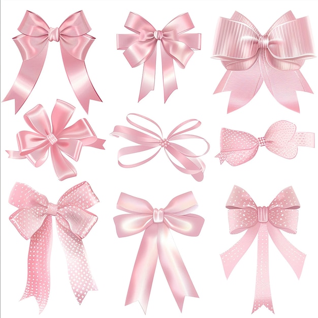 This image shows a series of pink ribbon bows with nine different styles The bows vary in style s