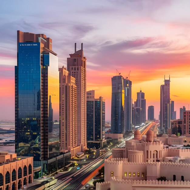 This image shows the Skyline Tower Buildings in Dubais Sheikh Zahed Road as they are seen