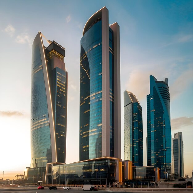 Photo this image shows the skyline tower buildings in dubais sheikh zahed road as they are seen