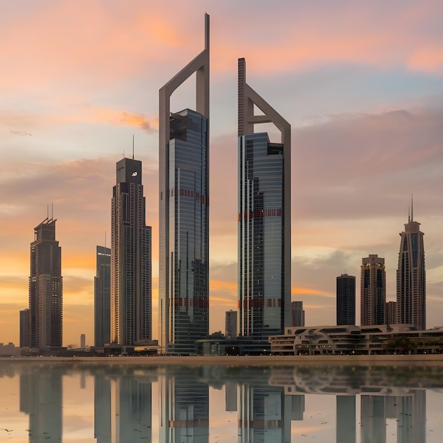 Photo this image shows the skyline tower buildings in dubais sheikh zahed road as they are seen