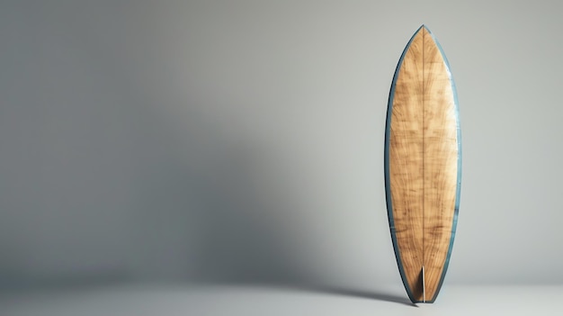 This image shows a surfboard with a wooden texture and blue accents The surfboard is standing upright on a solid gray background