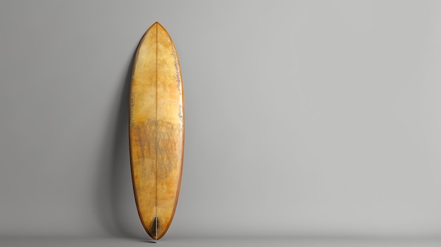 This image shows a vintage surfboard with a yellowed finish The surfboard is standing upright against a solid gray background