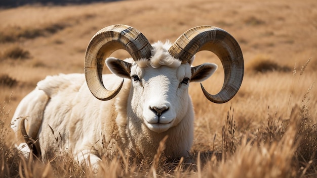 This image shows a white ram with very large horns lying in a grassy field looking at the camera