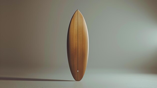 This image shows a wooden surfboard with a beautiful grain pattern The surfboard is standing upright on a solid surface against a neutral background