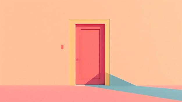 This is a 3D rendering of a closed door The door is pink and the wall is yellow