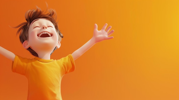 This is a 3D rendering of a happy cartoon boy He has his arms outstretched and his mouth open in a big smile