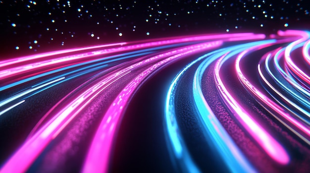 This is a 3D rendering of a neon light trail with color on a dark background with motion curve light beams of fast moving light