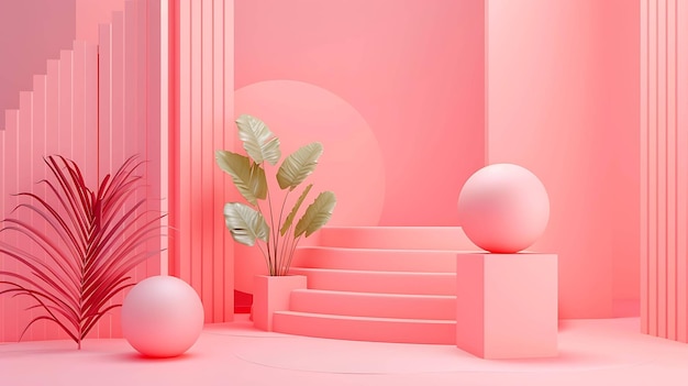 This is a 3D rendering of a pink and peach colored room with a plant in the center The room has stairs leading up to a platform with a sphere on it