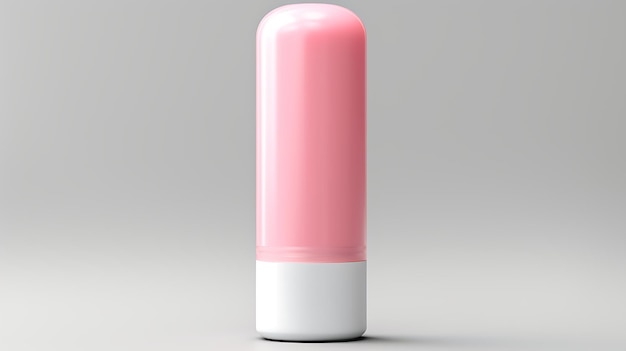 This is a 3D rendering of a pink and white lip balm tube on a solid gray background The lip balm tube is closed and upright