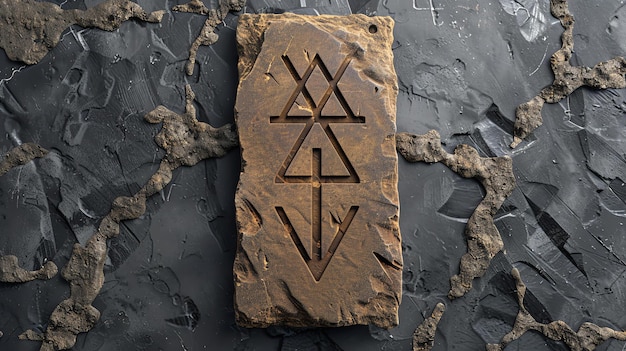 Photo this is a 3d rendering of a stone tablet with a symbol on it the symbol is made up of three triangles and a line