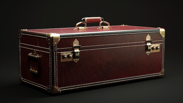 This is a 3D rendering of a vintage leather suitcase with gold accents The suitcase is closed and has a handle on top for carrying