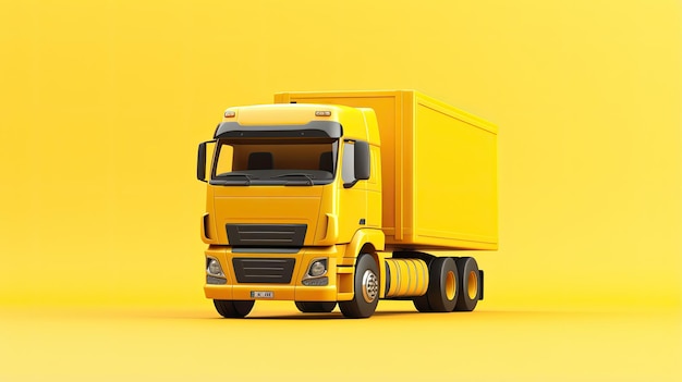 This is a 3D rendering of a yellow truck on a yellow background The truck is a box truck with a yellow container