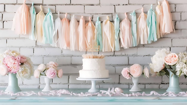 Photo this is a beautiful image of a baby shower there is a cake on a white cake stand and there are flowers and candles on the table