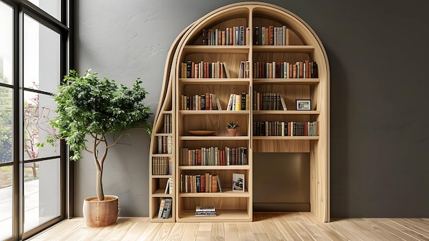 This is a beautiful image of a wooden bookshelf filled with books and plants The bookshelf is in front of a gray wall and there is a tree next to it