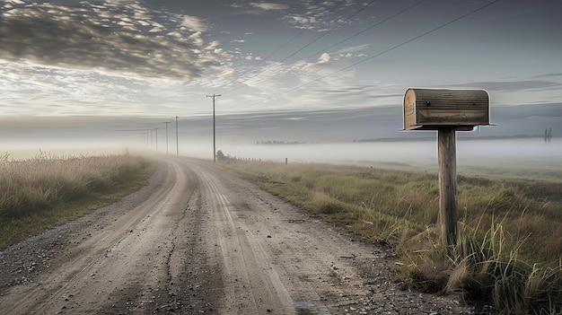 This is a beautiful landscape photograph of a rural road The road is surrounded by a lush green field There is a mailbox at the end of the road