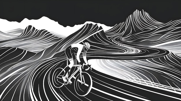 This is a black and white illustration of a cyclist riding up a mountain road The cyclist is wearing a helmet and jersey and is riding a road bike