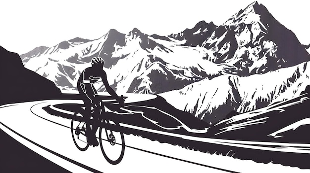 This is a black and white illustration of a cyclist riding up a mountain road The cyclist is wearing a helmet and jersey