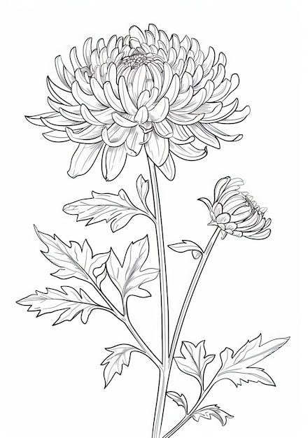 This is a black and white line drawing of a single chrysanthemum flower The flower is in full bloom