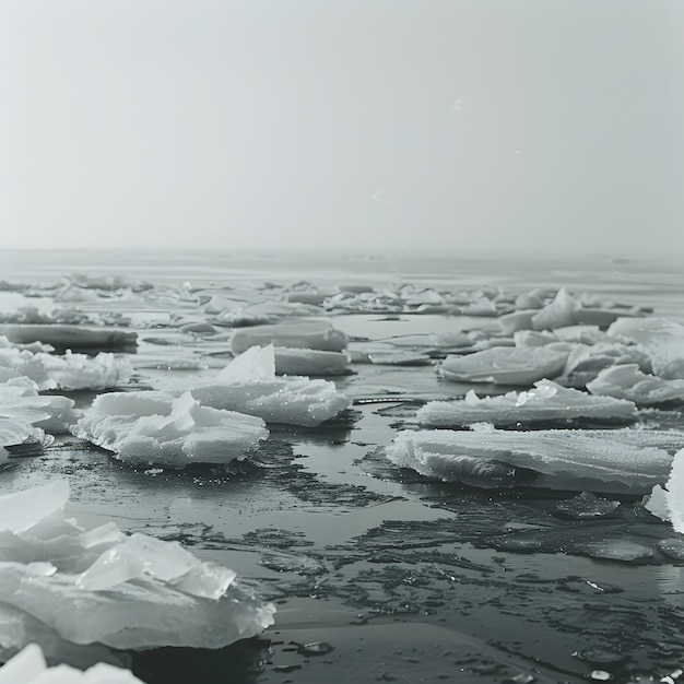 Photo this is a black and white photo of a frozen sea there are large chunks of ice floating in the