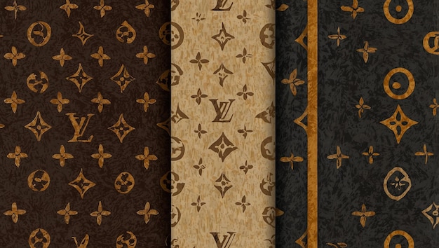 This is a brown background with a repeating pattern of Louis Vuitton logos and LV letters in gold