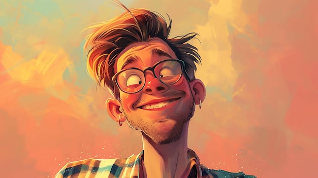 This is a cartoon portrait of a young man with glasses and a beard He has a happy expression on his face and is looking at the viewer