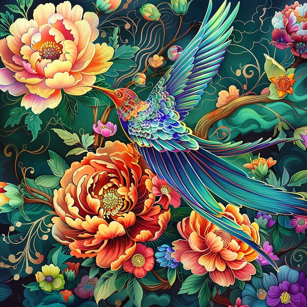 This is a Chinese style art illustration featuring colorful flowers and gorgeous birds detailed fe