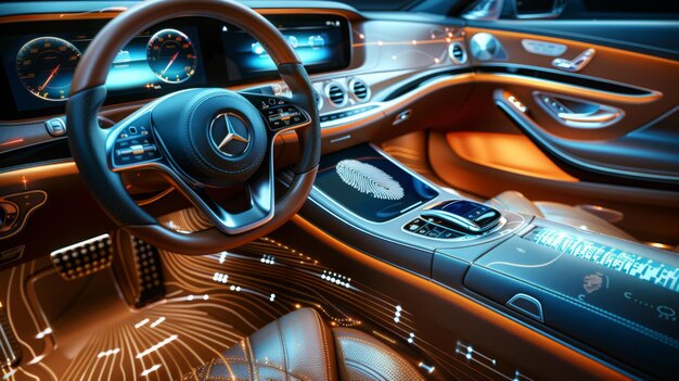 Photo this is a closeup photo of the interior of a modern car with a leather interior and a futuristic