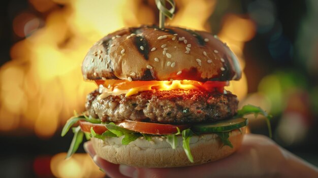 Photo this is a closeup shot of a tasty hamburger a young person holds the burger with a flaming hot ground beef patty on a bun with lettuce tomatoes and cucumbers