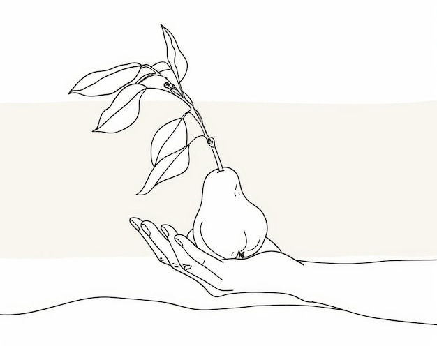 Photo this is a continuous one line illustration of a hand holding pears in its hand it is a pear fruit modern illustration with editable strokes