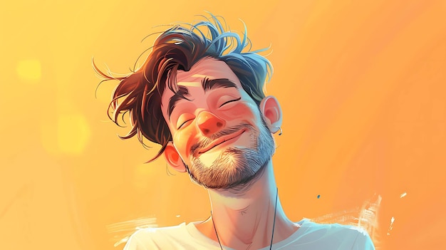 This is a digital painting of a young man with medium length brown hair and a beard He has his eyes closed and is smiling