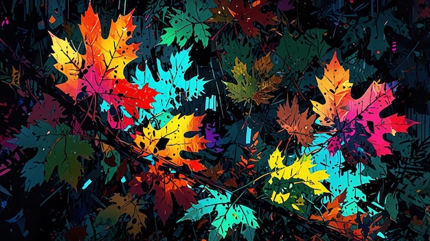 This is a drawing of colorful fall leaves against a dark background