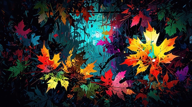 This is a drawing of colorful fall leaves against a dark background