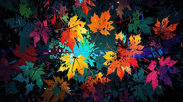 This is a drawing of colorful fall leaves against a dark background