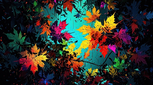 This is a drawing of colorful fall leaves against a dark background