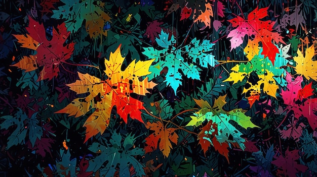 This is a drawing of colorful fall leaves against a dark background