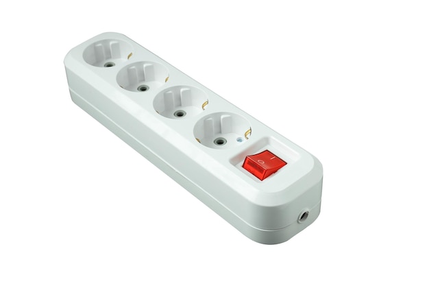 This is an electric splitter for four outlets with a power button Isolated on a white background