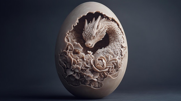 This is a finely sculpted egg clay sculpture with detailed floral and animal designs and a closeup