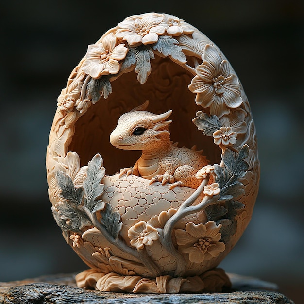 This is a finely sculpted egg clay sculpture with detailed floral and animal designs and a closeup