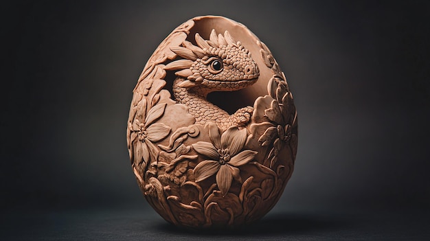 Photo this is a finely sculpted egg clay sculpture with detailed floral and animal designs and a closeup