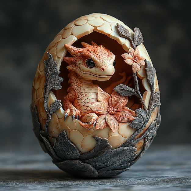 This is a finely sculpted egg clay sculpture with detailed floral and animal designs and a closeup